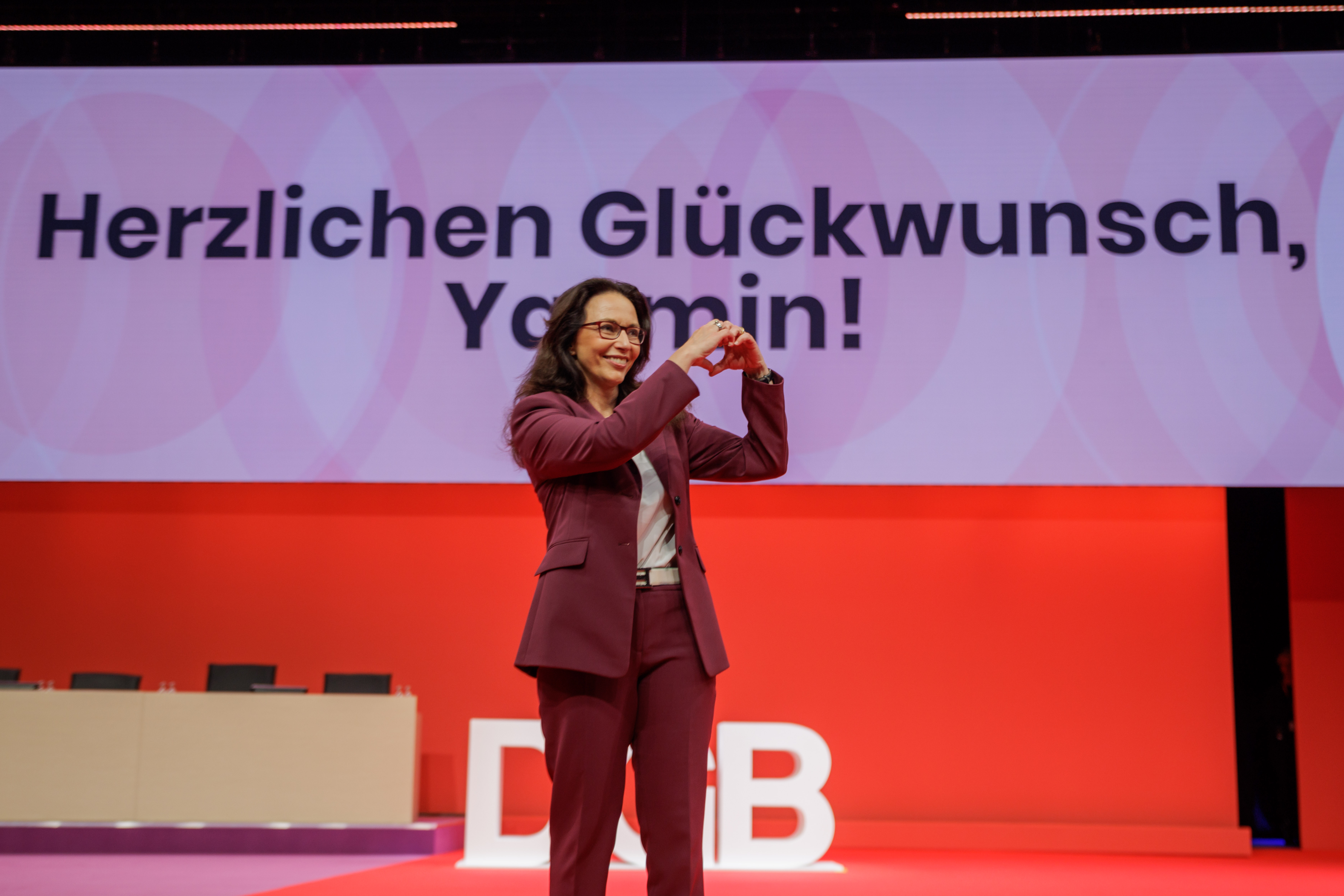 DGB-Vorsitzende Yasmin Fahimi nach ihrer Wiederwahl beim DGB-Bundeskongress am 11. Mai 2026