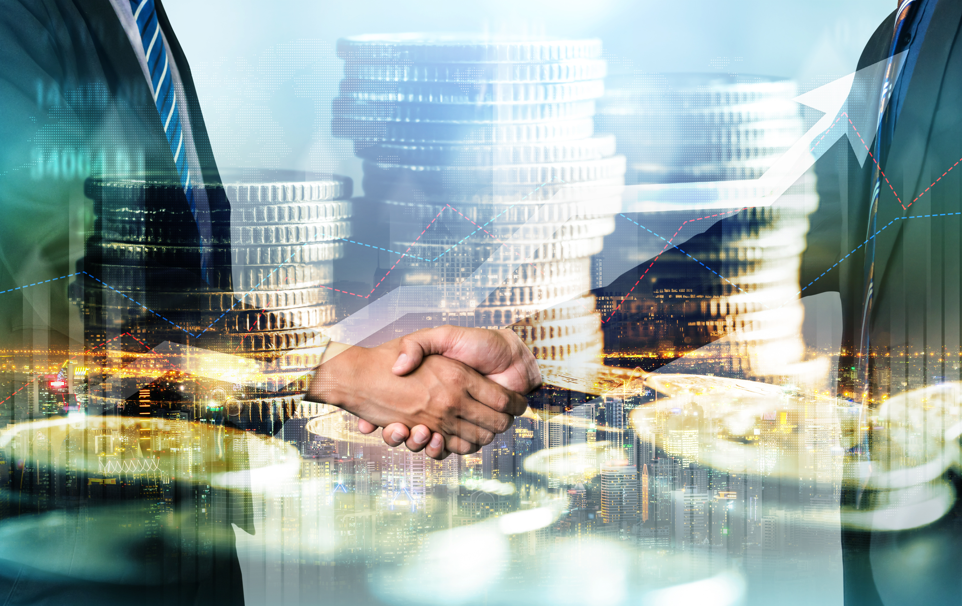 Business Handshake über Finanzen Wohlstand und Geld